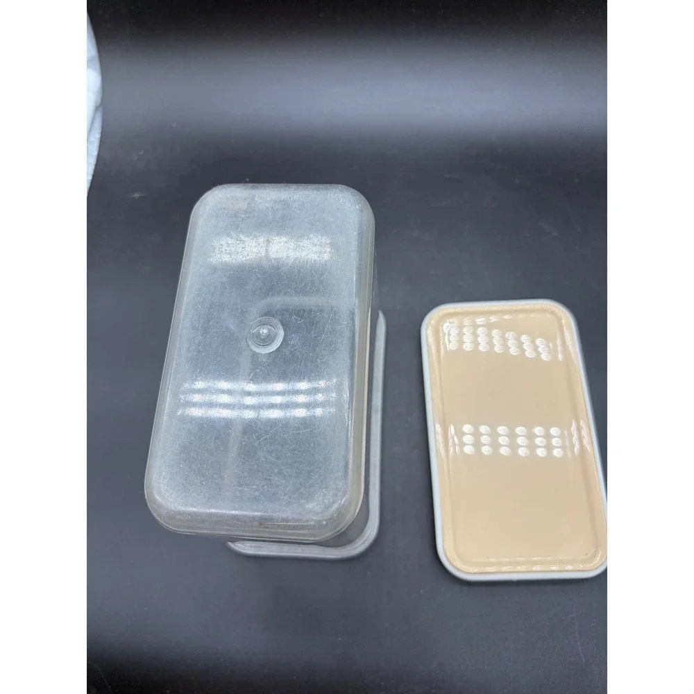 Vntg Clear Plastic Kitchen Canister Tan Lid Rectangular Storage Made‎ Hong Kong